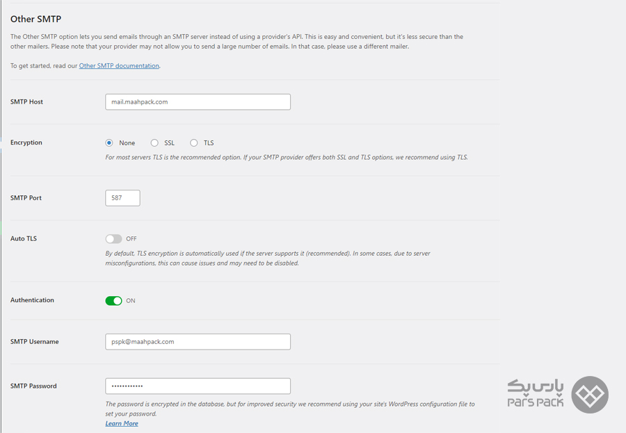 صفحه پیکربندی تنظیمات افزونه Wp Mail SMTP تنظیمات smtp در افزونه Wp Mail Smtp