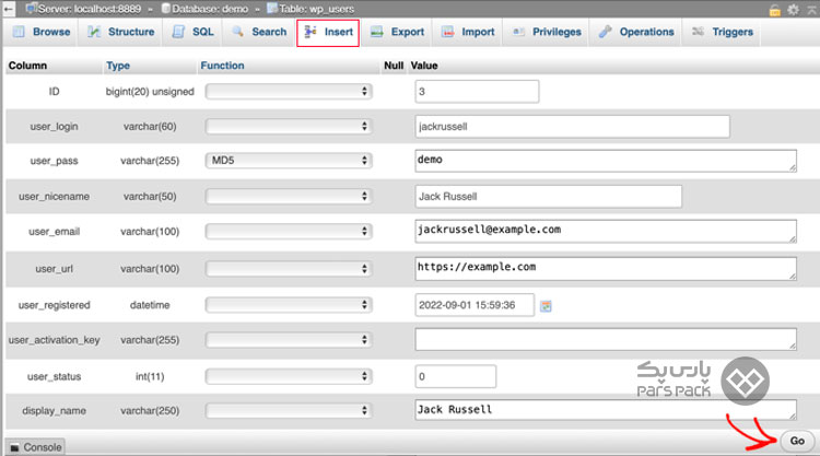 ساختن کاربر ادمین وردپرس در phpmyadmin
