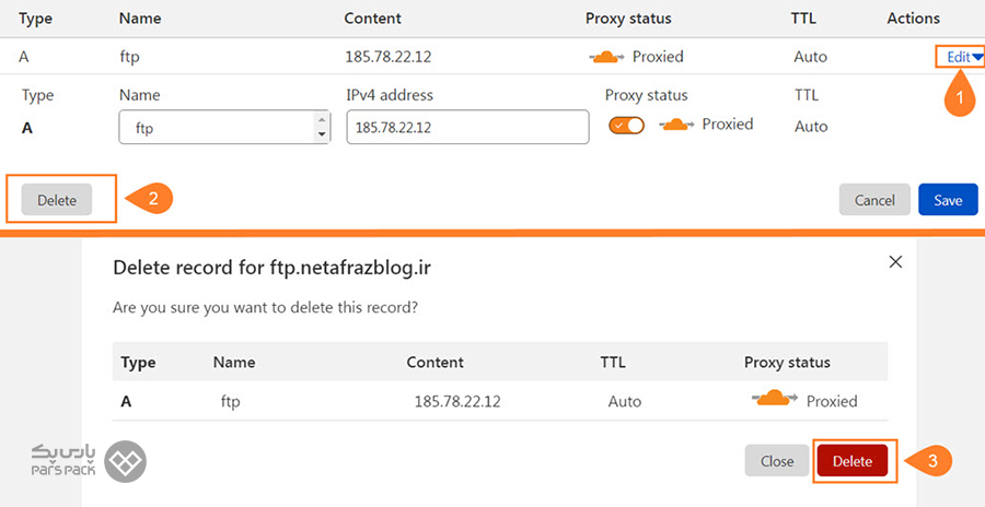 نحوه حذف رکورد دیاناس Cloudflare حذف رکورد دی ان اس Cloudflare