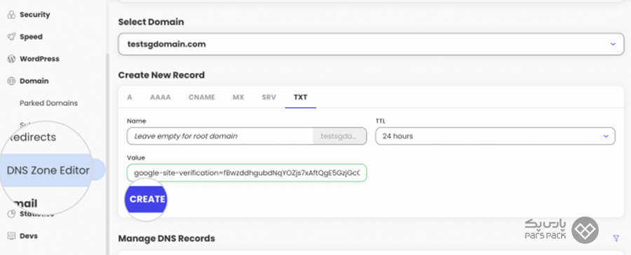 اضافهکردن رکورد TXT به تنظیمات DNS دامنه ثبت سایت در سرچ کنسول