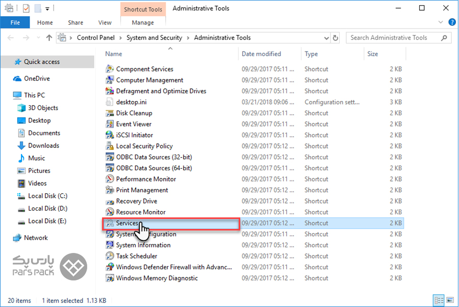 روی Services دوبار کلیک کنید مشکل متصل نشدن به SQL Server