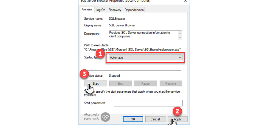 بخش General را بهصورت زیر تکمیل کنید مشکل وصل نشدن sql server