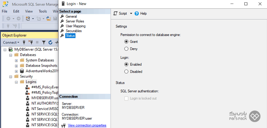 روی تب Status کلیک کنید ارور cannot connect to sql server