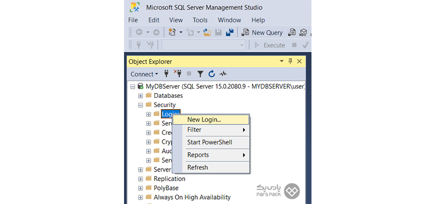 SQL Server Management Studio را باز کنید اجباری کردن SQL Authentication در SQL