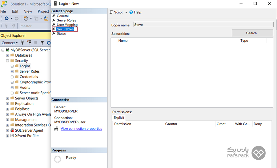 به تب Securables بروید مشکل در کانکت شدن sql server 2019