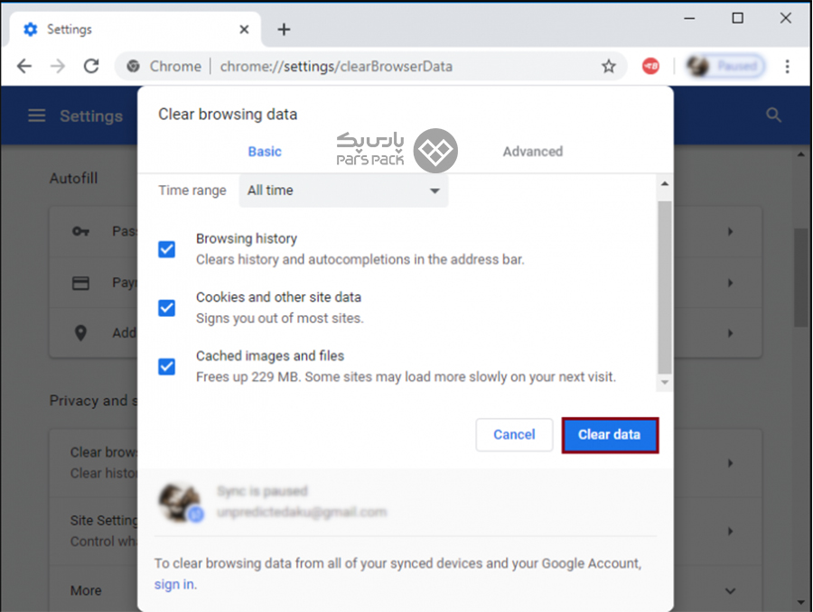 روی Clear Data کلیک کنید آموزش پاک کردن کش یک سایت خاص در مرورگر گوگل کروم