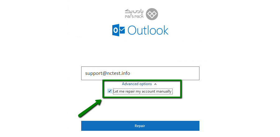 تیک گزینه Let me repair my account manually را بزنید نحوه ویرایش ایمیل هاست cPanel در Outlook