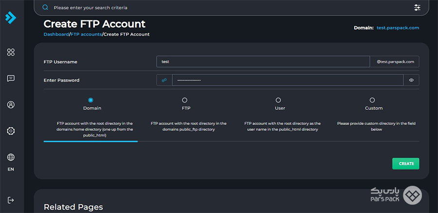 وارد بخش Create FTP Account شوید ایجاد اکانت FTP در دایرکت ادمین