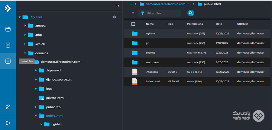 آپلود فایل توسط File Manager در دایرکت ادمین نحوه آپلود فایل در دایرکت ادمین با استفاده از File Manager