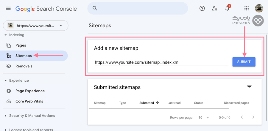 تب Sitemaps در گوگل سرچ کنسول آموزش گوگل سرچ کنسول جدید
