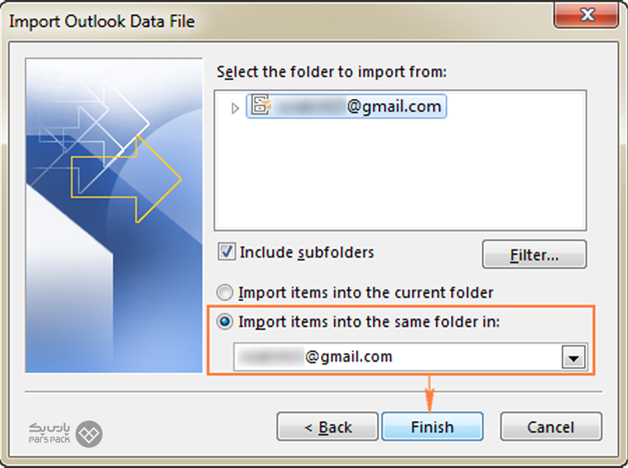 تیک گزینه Import Items Into The Same Folder In را بزنید چگونه بک آپ ایمیل اوت لوک را بازیابی کنیم؟