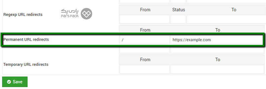 نصب و فعال سازی SSL در کنترل پنل Webmin صدور گواهی SSL با انتخاب گزینه Permanent URL Redirects و From
