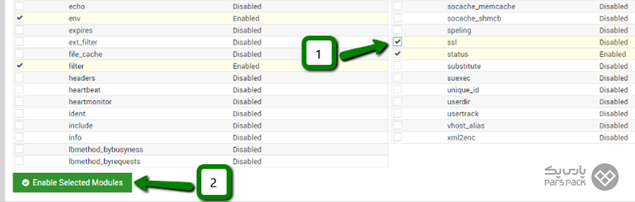 انتخاب گزینه Enable Selected Modules برای نصب SSL گزینه Enable Selected Modules را انتخاب کنید