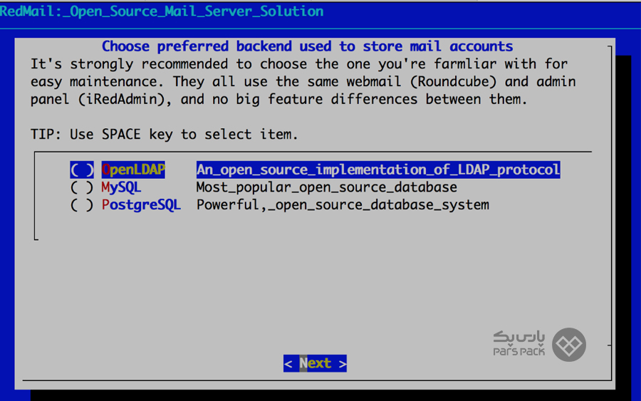 انتخاب سرویس بک اند برای iRedMail راه اندازی mail server در ubuntu