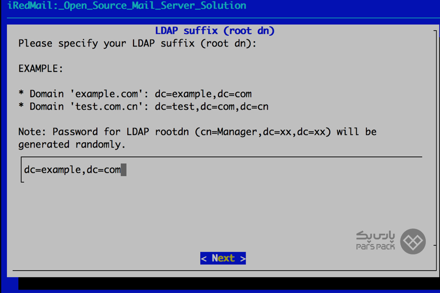 در صورت انتخاب OpenLDAP، پسوند LDAP را وارد کنید آموزش نصب میل سرور iredmail در لینوکس