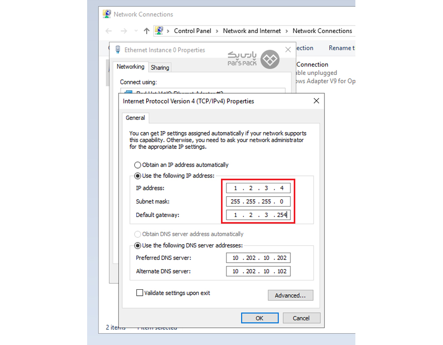 مشخصات IP جدید خود را وارد کنید تنظیم IP استاتیک در ویندوز سرور