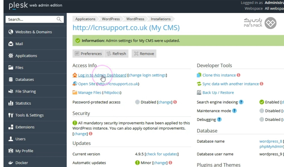 روی گزینه Log in to Admin Dashboard کلیک کنید نصب وردپرس روی ویندوز