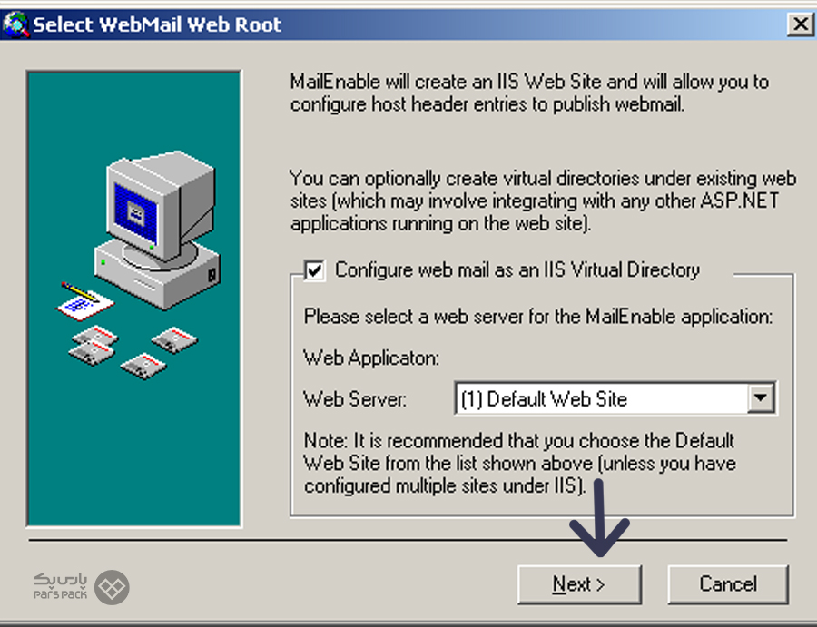گزینه Default Web Site را انتخاب کنید نحوه ایجاد ایمیل اکانت در mail enable