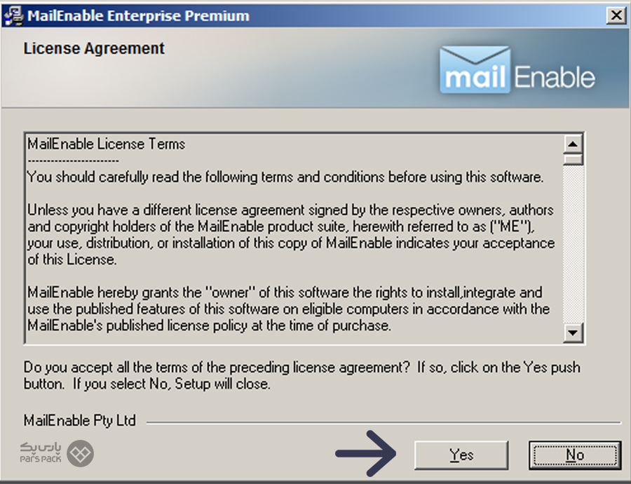 برای نصب نرمافزار MailEnable قوانین را بپذیرید راه اندازی ایمیل در ویندوز سرور از طریق Mailenable