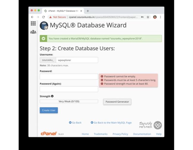 انتخاب نام کاربری و رمز عبور در ساخت دیتابیس ساخت دیتابیس و انتخاب کاربر در MySQL