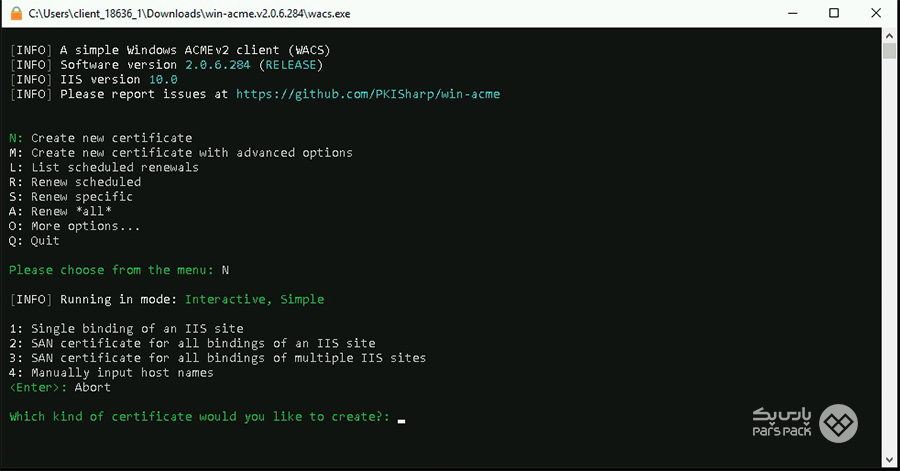 نصب گواهینامه Let’s Encrypt روی IIS عدد یک را برای انتخاب گزینه Single binding of an IIS site وارد کنید