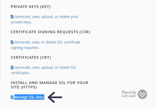 تکمیل تنظیمات در TLS/SSL از قسمت Security انتخاب گزینهی Manage SSL Sites