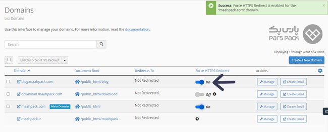 انتخاب گزینهی Force HTTPS Redirect برای دامنه تنظیم ریدایرکت HTTP به HTTPS