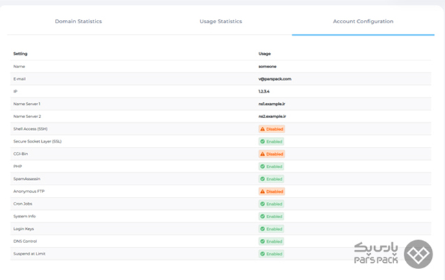 مشاهده و تغییر اطلاعات در تب Account Configuration دایرکت ادمین بخش Account Configuration در داشبورد دایرکت ادمین