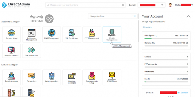 انتخاب گزینه MySQL Management در بخش Account Manager کلیک روی گزینه MySQL Management در داشبورد دایرکت ادمین