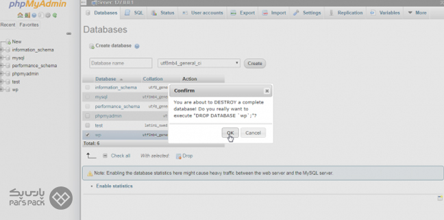 تایید حذف پایگاه داده با کلیک روی گزینه OK صفحه تایید حذف پایگاه داده در PhpMyAdmin از روی لوکال هاست