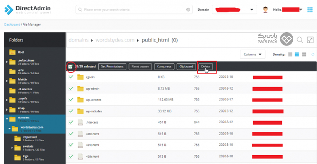 انتخاب تمام فایلهای پوشه wp-content و کلیک روی گزینه Delete