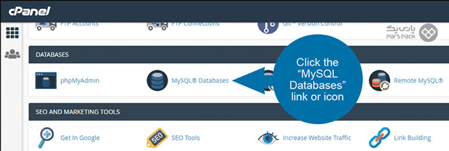 انتخاب گزینه MYSQL Database از بخش Database سی پنل انتخاب گزینه MYSQL Database در هاست سی پنل