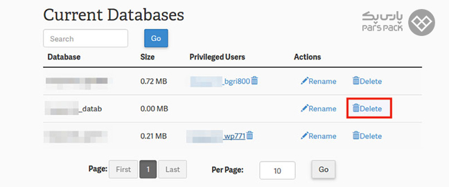حذف دیتابیس وردپرس با کلیک روی گزینه Delete از فهرست Databaseها برای حذف پایگاه داده وردپرس در سی پنل روی گزینه Delete کلیک کنید