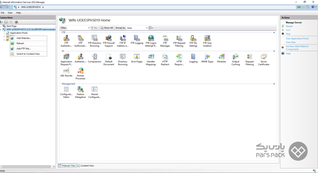 ایجاد سایت FTP در ویندوز سرور ازطریق IIS Manager انتخاب گزینه Add FTP Site برای ایجاد سایت FTP در IIS Manager