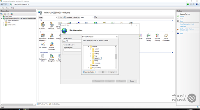ایجاد پوشه NewFTP و انتخاب مسیر برای ایجاد سایت FTP انتخاب نام و مسیر استاندارد برای FTP در مدیریت سرور ویندوز