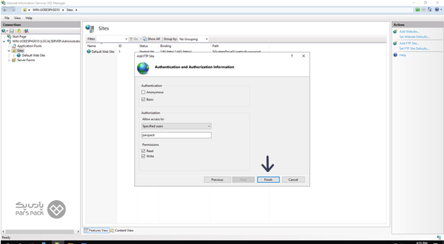 ایجاد سایت FTP و تنظیم دسترسی خواندن و نوشتن کاربران پیکربندی تنظیمات Add FTP Site برای کاربر ایجاد شده