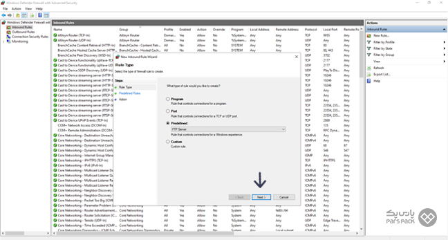 انتخاب گزینه Predefined در فایروال ویندوز سرور انتخاب تنظیمات پیشفرض برای پیکربندی FTP Server در ویندوز