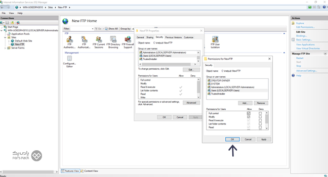 تنظیمات پوشه NewFTP برای مدیریت دسترسی FTP سایت پیکربندی تنظیمات دسترسی برای پوشه NewFTP در ویندوز سرور
