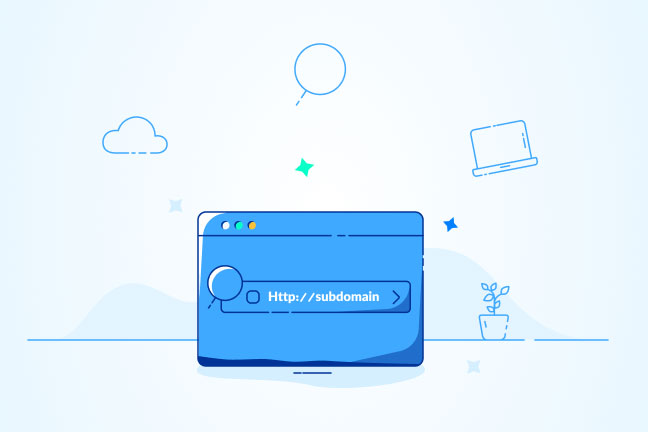 تصویر مرورگر وب آبی رنگ با ذره‌بین بزرگی و آدرس وب http://subdomain در نوار جستجوی مرورگر