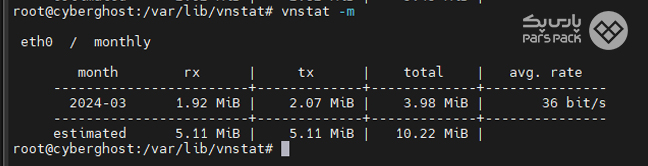 مشاهده خروجی مانیتورینگ Vnstat با زمانبندی ماهانه مشاهده خروجی نظارت بر شبکه اوبونتو با Vnstat در ترمینال بهصورت ماهانه و سالانه