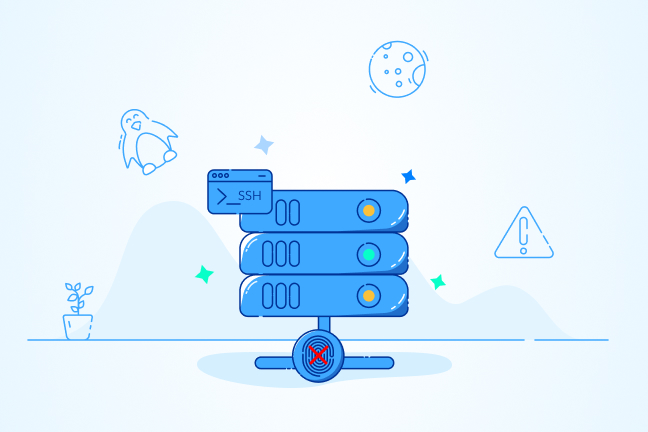 تصویر کارتونی سرور لینوکس و عدم احراز هویت برای نمایش مفهوم خطای Host key verification failed