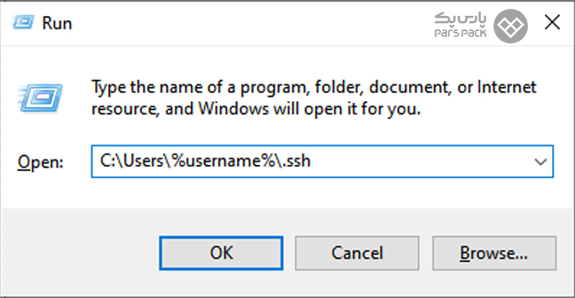رفع مشکل Host key verification failed در SSH صفحه جستجوی عبارت C:Users%username%.ssh در پنجره RUN ویندوز