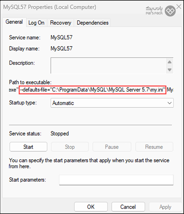 انتخاب مسیر فایل MySQL و انتخاب گزینه Properties صفحه اضافه کردن پارامترهای جدید و راهاندازی مجدد سرور MySQL