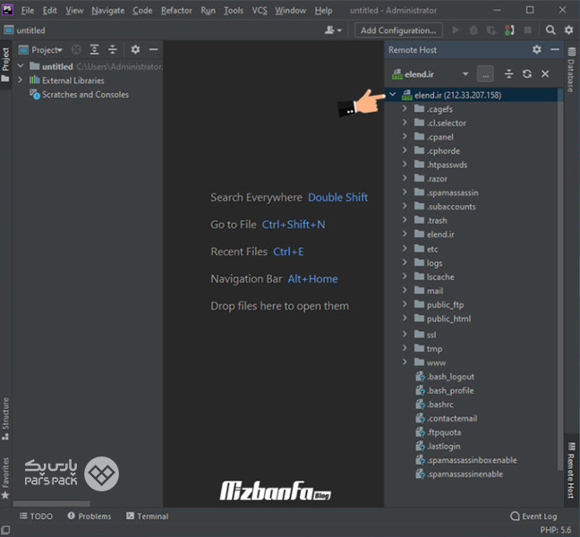 مشاهده فایلها و دادههای موجود روی هاست در نرم افزار Phpstorm صفحه مشاهده فایلها و پوشههای هاست در نرم افزار Phpstorm