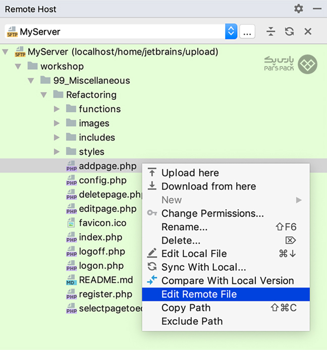 انتخاب گزینه Edit Remote File برای ویرایش فایل در PhpStorm صفحه ویرایش فایلهای هاست در PhpStorm با کلیک روی گزینه Edit Remote File
