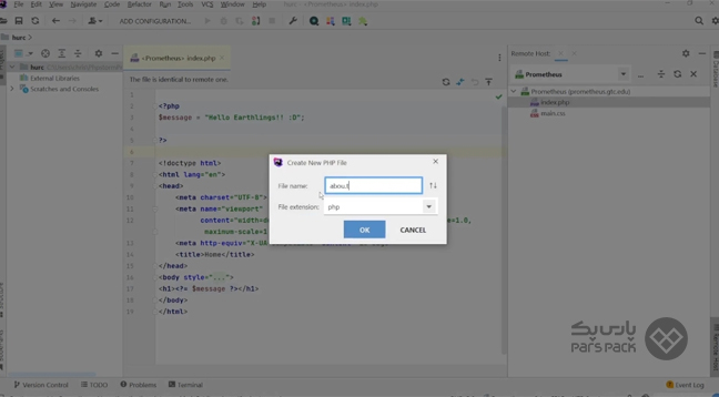 واردکردن نام برای برای ایجاد فایل در هاست با Phpstorm صفحه واردکردن نام برای ساخت فایل در هاست با Phpstorm