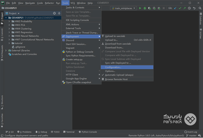 انتخاب گزینه Configuration از بخش Deployment صفحه انتخاب گزینه Configuration از بخش Deployment برای اتصال هاست به نرمافزار PhpStorm