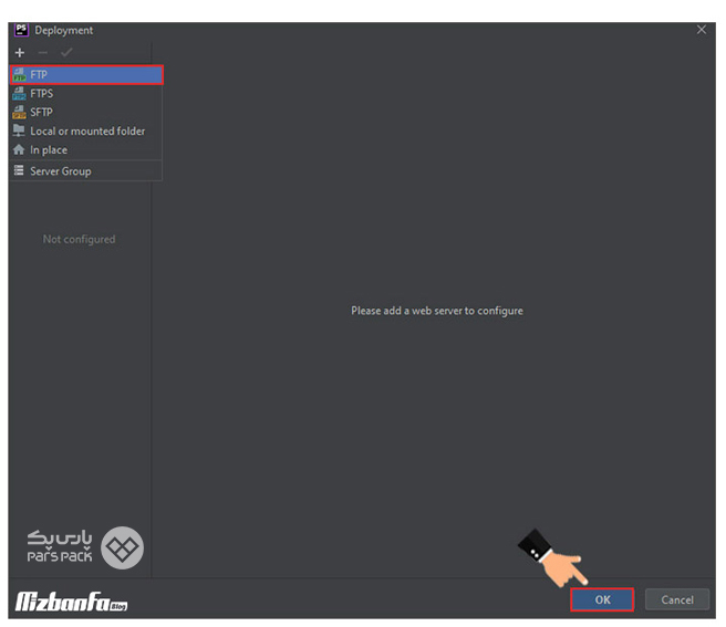 انتخاب نوع اتصال PhpStorm برای اتصال به هاست صفحه انتخاب نوع اتصال برای اتصال PhpStorm به هاست