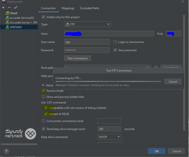 تکمیل اطلاعات صفحه اتصال PhpStorm به هاست صفحه پیکربندی اتصال نرم افزار PhpStorm به هاست