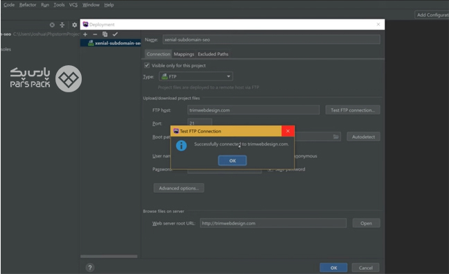 غیرفعال کردن حالت Passive و کلیک روی گزینه Test Connection صفحه اتصال PhpStorm به هاست و غیرفعال کردن حالت Passive